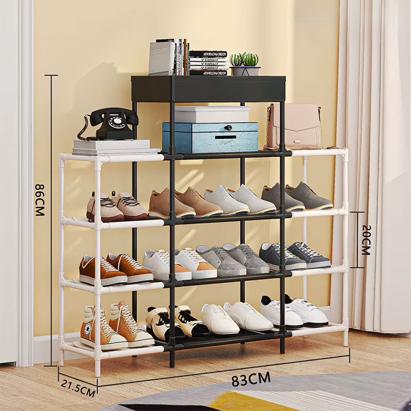 Multi-Tier Modular 5 & 6 Layer Shoe Rack Organizer with Top Storage Tray – Space-Saving Metal & Plastic Entryway Shoe Shelf