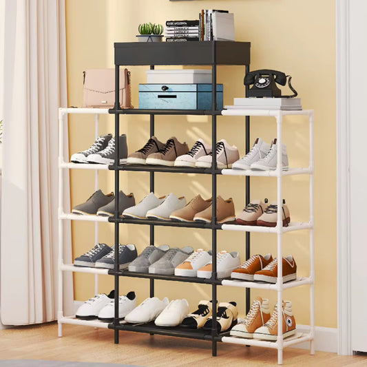 Multi-Tier Modular 5 & 6 Layer Shoe Rack Organizer with Top Storage Tray – Space-Saving Metal & Plastic Entryway Shoe Shelf