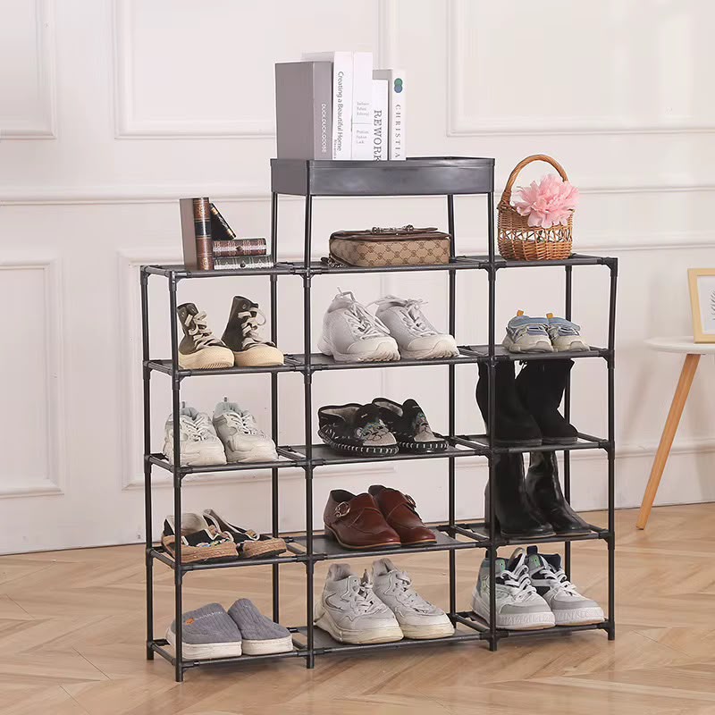 Multi-Tier Modular 5 & 6 Layer Shoe Rack Organizer with Top Storage Tray – Space-Saving Metal & Plastic Entryway Shoe Shelf