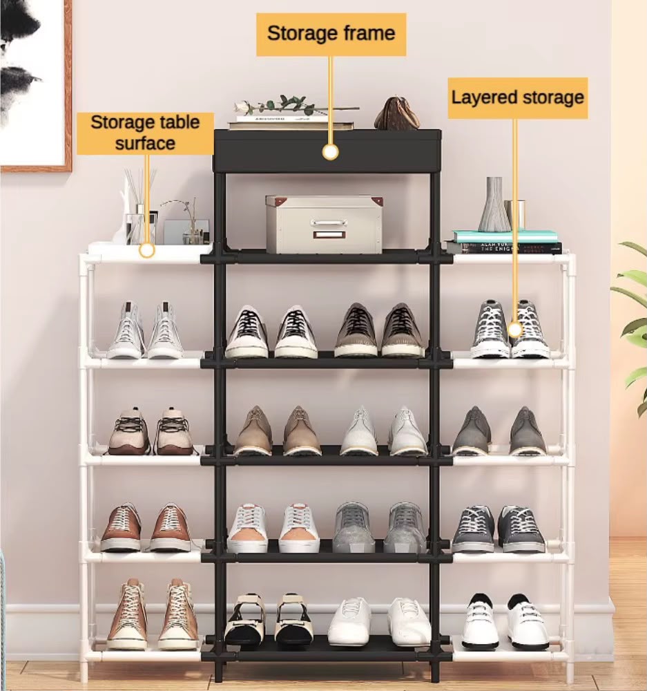 Multi-Tier Modular 5 & 6 Layer Shoe Rack Organizer with Top Storage Tray – Space-Saving Metal & Plastic Entryway Shoe Shelf
