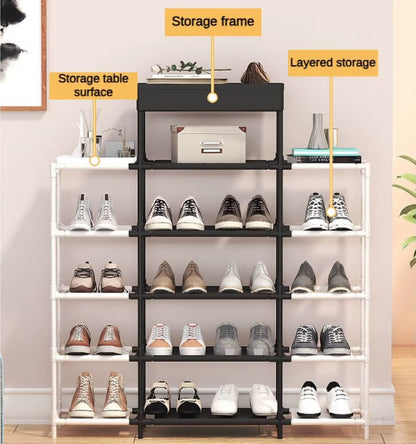 Multi-Tier Modular 5 & 6 Layer Shoe Rack Organizer with Top Storage Tray – Space-Saving Metal & Plastic Entryway Shoe Shelf