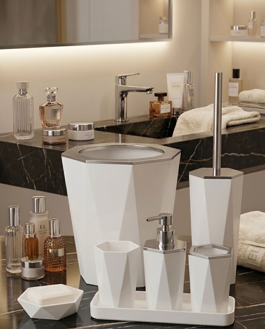 Premium Diamond-Cut 6-Piece Bathroom Accessory Set – Luxury Modern Bath Decor