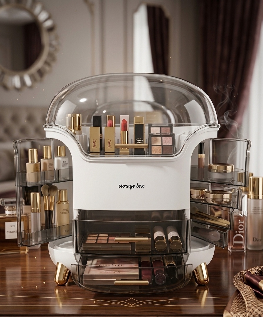 Premium Makeup Organizer | Dustproof Shield | Large Capacity Luxury Cosmetic Storage Box for Vanity & Dressing Table