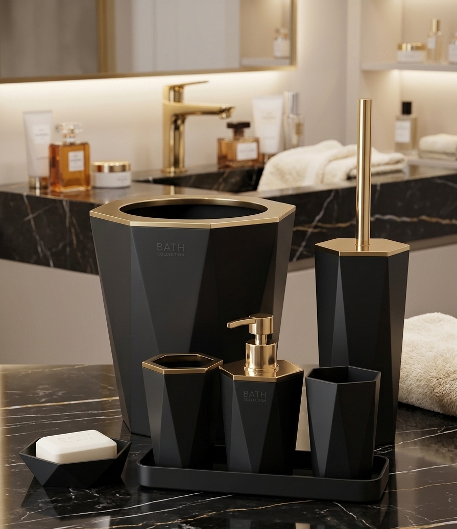 Premium Diamond-Cut 6-Piece Bathroom Accessory Set – Luxury Modern Bath Decor