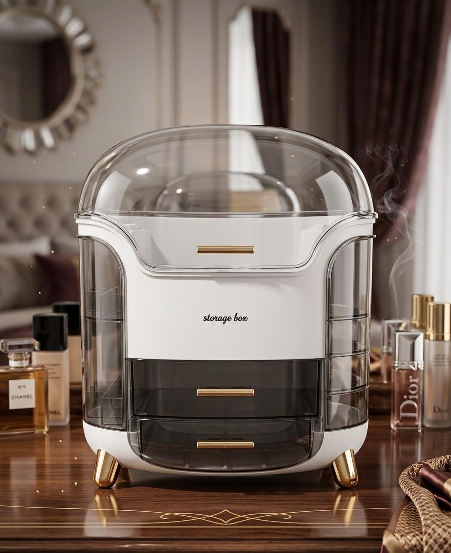 Premium Makeup Organizer | Dustproof Shield | Large Capacity Luxury Cosmetic Storage Box for Vanity & Dressing Table
