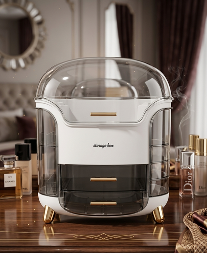 Premium Makeup Organizer | Dustproof Shield | Large Capacity Luxury Cosmetic Storage Box for Vanity & Dressing Table