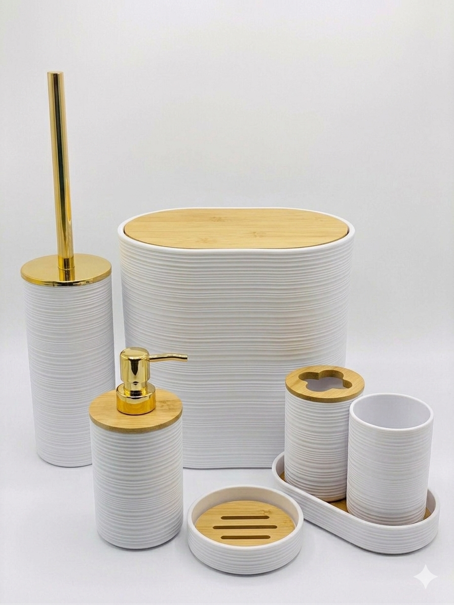 Luxury Bathroom Set | Unique Design | Soap Dispenser, Soap Dish, Brush Holder, Dustbin.