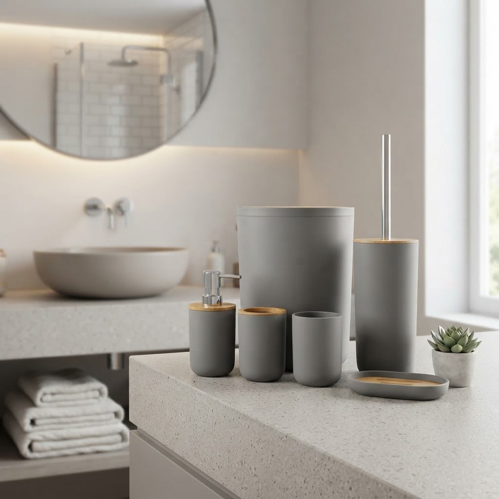 Luxury Bathroom Set – Multi Elegant Designs | Soap Dispenser, Brush Holder, Dustbin